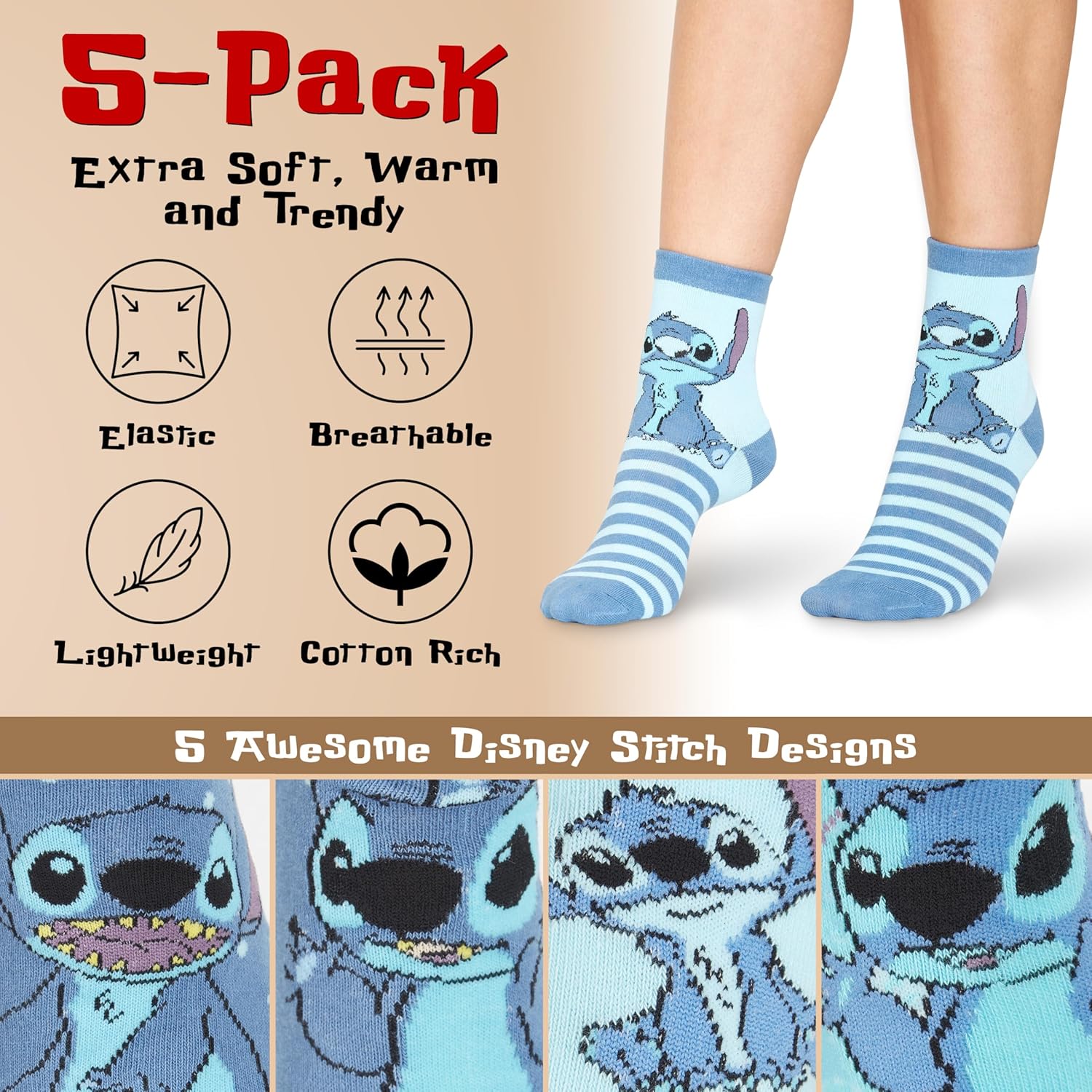Disney Stitch Socks Gifts for Women Teens, US Size 4-9, Baby Yoda Pack of 5 Fuzzy Casual Crew Socks for Home Sleep Winter - Image 4
