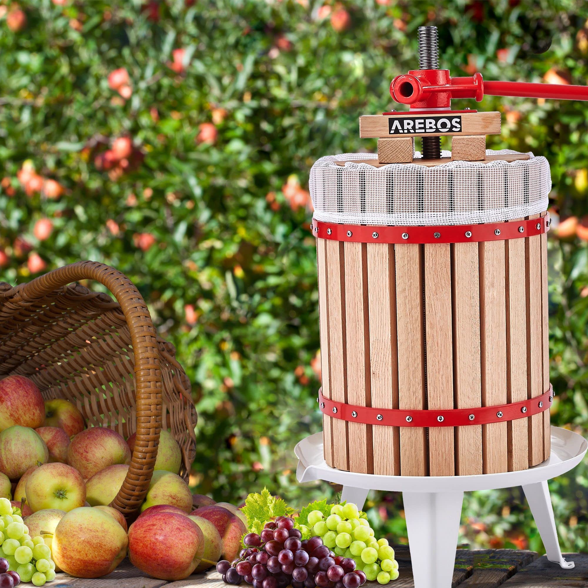 Arebos Obstpresse 18L | Manuelle Saftpresse I Beerenpresse inkl. Presstuch, Druckplatte und Metallspindel I Für jegliche Arten von Saft & Gemüse