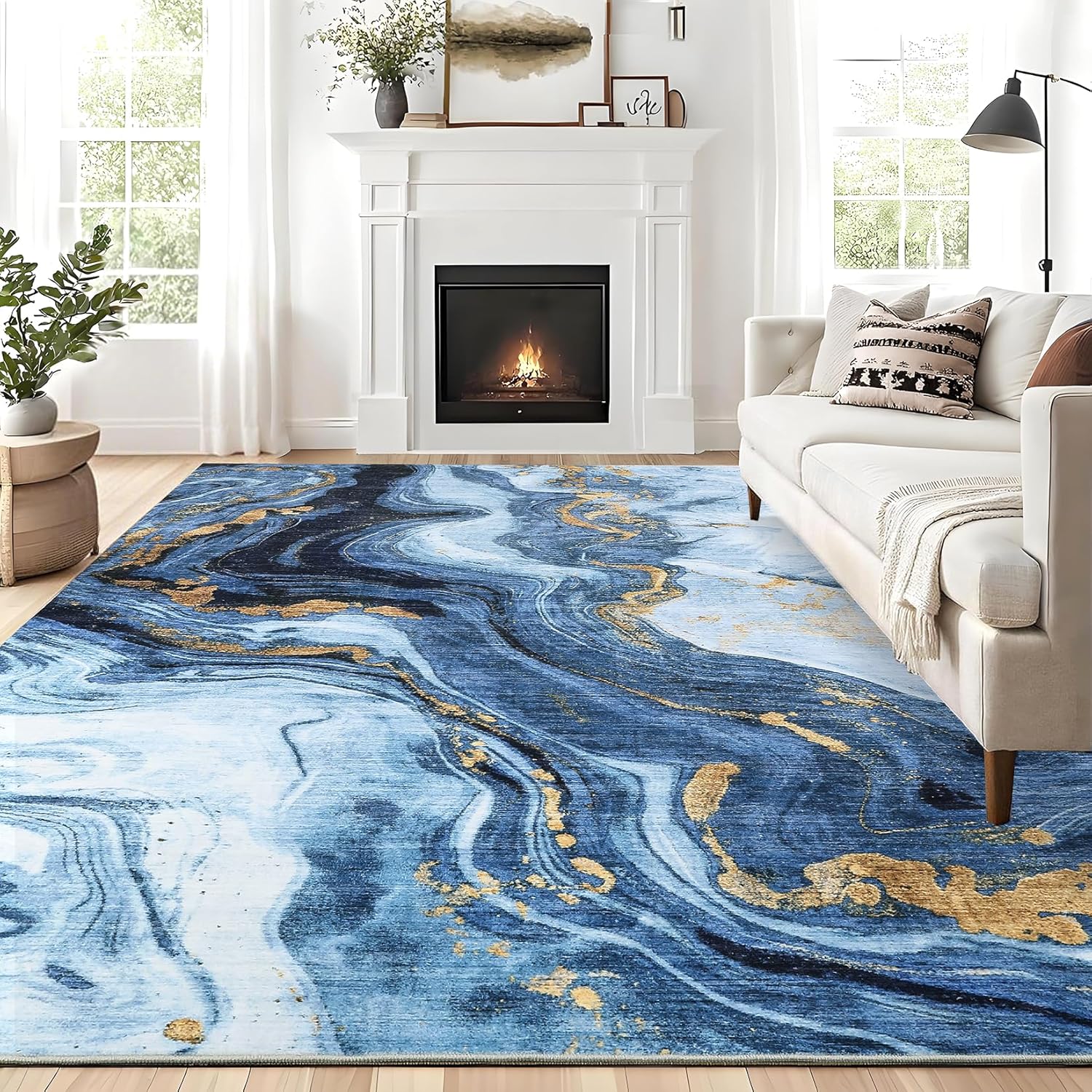 GarveeHome Large Area Rugs 10x13 Modern Abstract Rug with Marble Swirl Pattern, Neutral Abstract Rugs for Farmhouse, Stain-Resistant Low Pile Floor Cover for Bedroom Living Room Office, Blue Blue 10' x 13' (Rectangular)