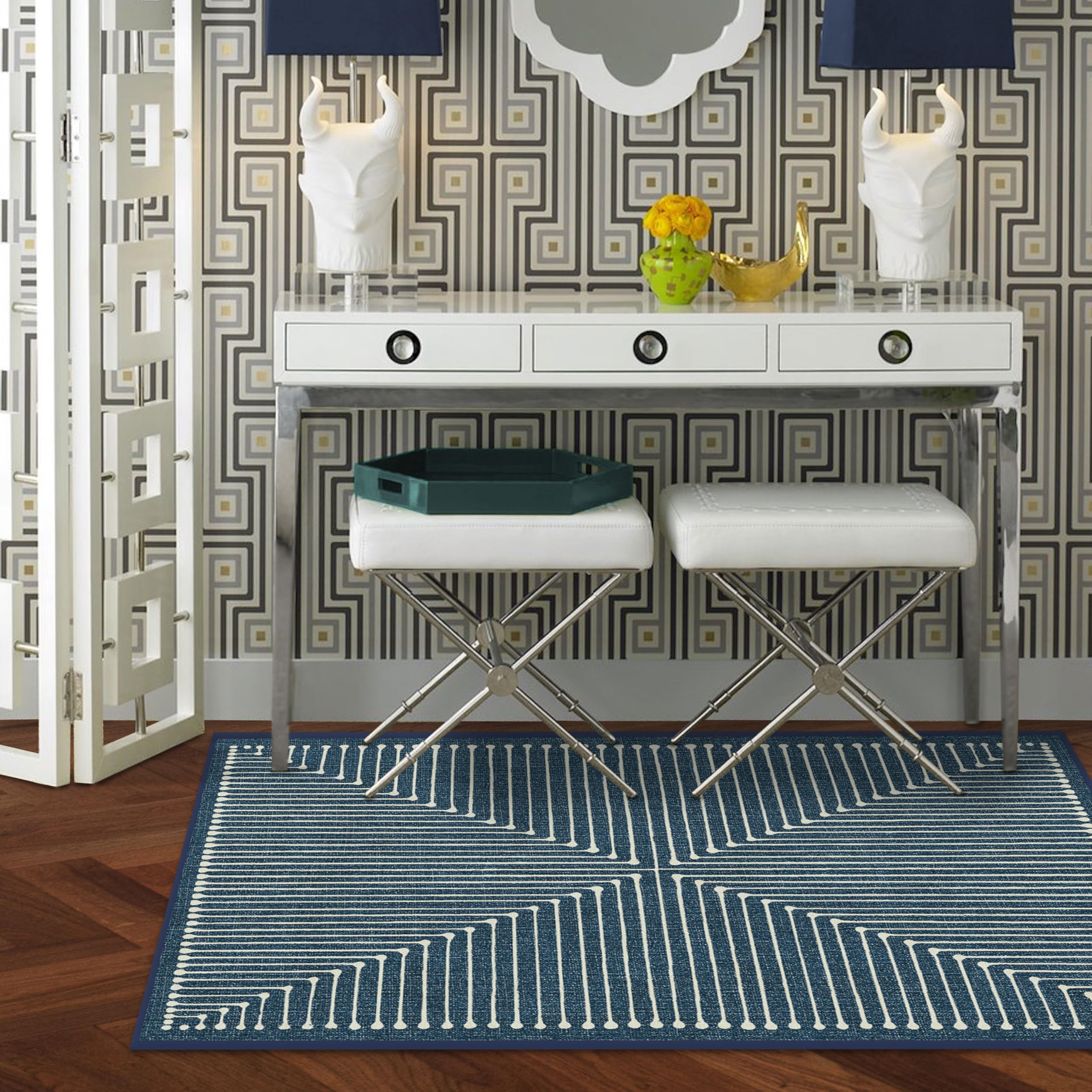 RUGGABLE x Jonathan Adler Machine Washable Modern Area Rug – Inkdrop Lapis Blue 3x5, Stain-Resistant, Non-Slip with Cushioned Pad – Small Rugs for Living Room, Bedroom, Hallway, Entryway & Office