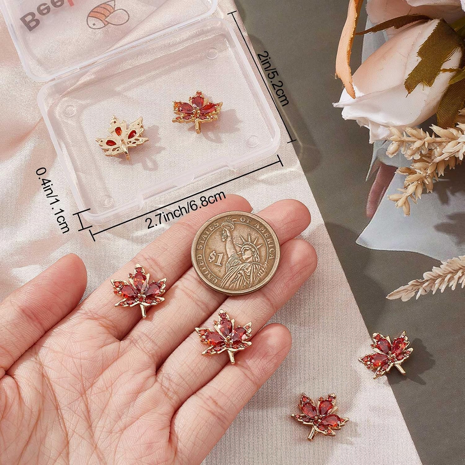 Beebeecraft 1 Box 8Pcs Maple Leaf Charms 18K Gold Plated Autumn Fall Charms with Red/Green Cubic Zirconia for Thanksgiving Necklace Bracelet Jewelry Making, Small 0.67x0.67in