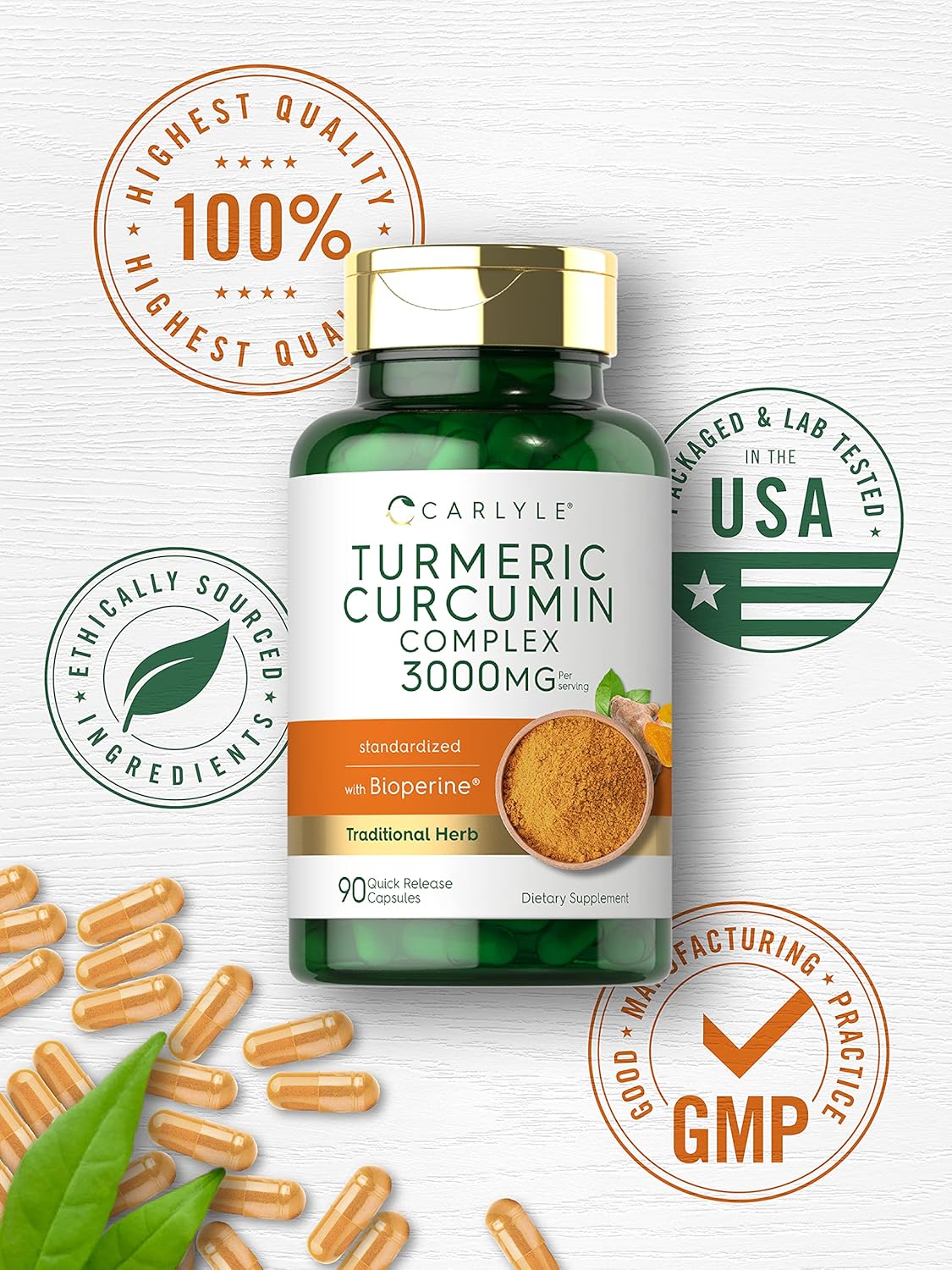Turmeric Curcumin with Bioperine | 3000 mg | 90 Powder Capsules | Joint Support Complex with Black Pepper | Non-GMO, Gluten Free Supplement | by Carlyle : Health & Household