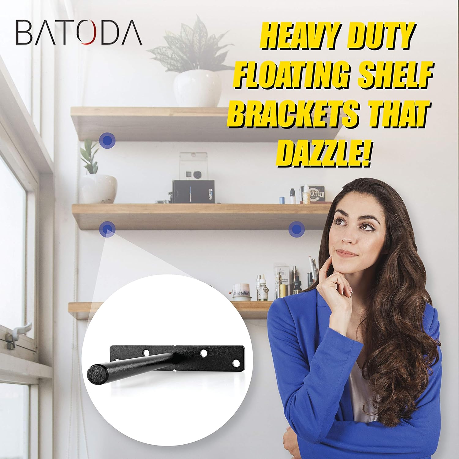 BATODA - Heavy Duty Floating Shelf Bracket (8 pcs) – Solid Steel Blind Shelf Supports - Hidden Brackets for Floating Wood Shelves - Screws and Wall Plugs Included (Large Size) : Tools & Home Improvement