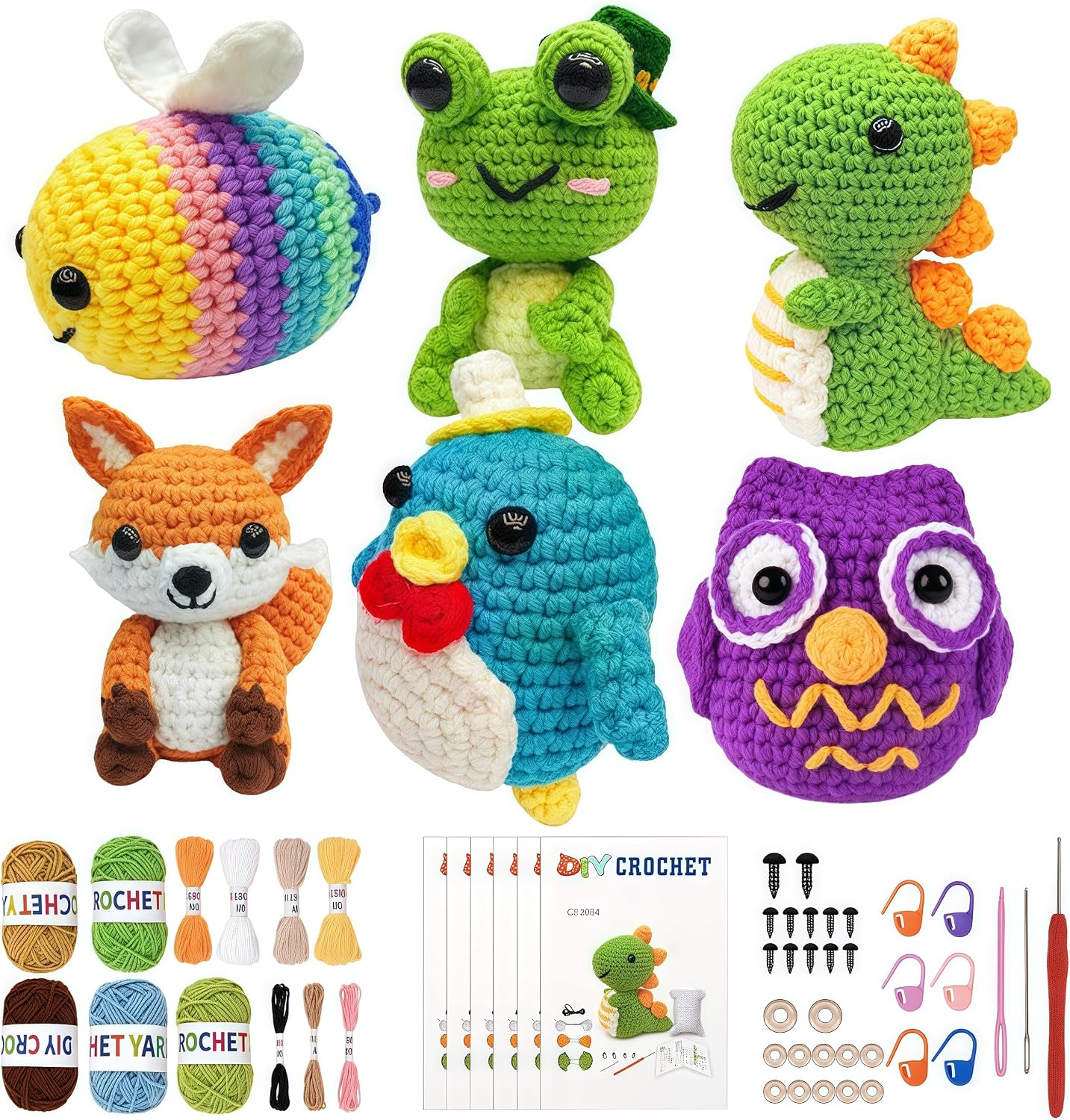 JackCao 6 Pack Crochet Kit for Beginners, 2026 DIY Craft for Adults, Crochet Animal Plush Kit with Step-by-Step Video Guides Tutorials Birthday Gift for Beginner Crochet Lovers (Green)