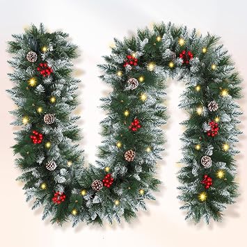 Christmas Garland,Christmas Garland with Lights, Christmas Decoration,9FT/2.7M, for Mantle, Home, Stairs, Fireplace, Porch, Door,Indoor/Outdoor Green