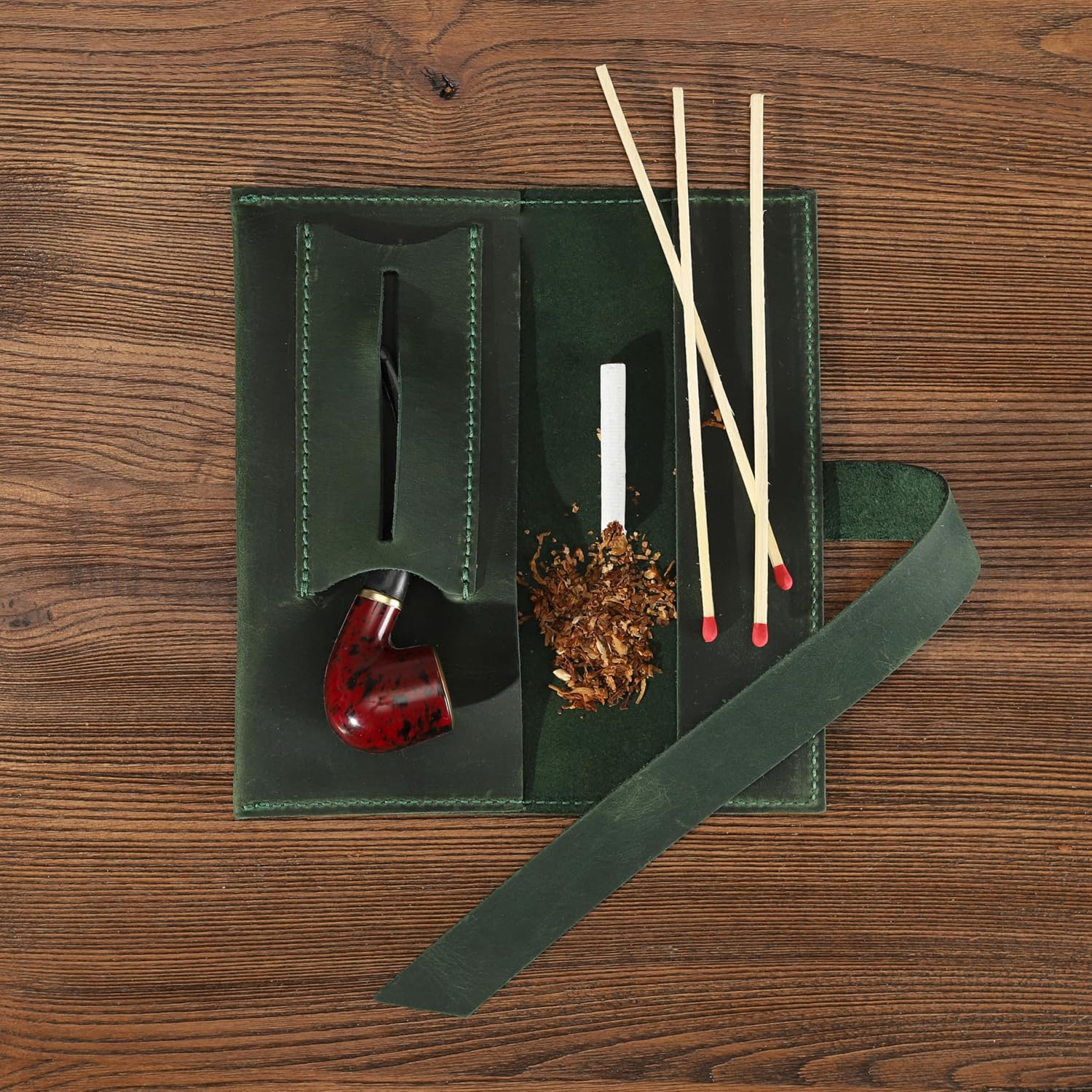 Shkira Handcrafted Genuine Leather Tobacco Pipe Pouch – Compact Pipe Roll Organizer for Smoking Accessories – Dark Green Travel Case with Slots for Pipe, Tobacco, Filters & Matches