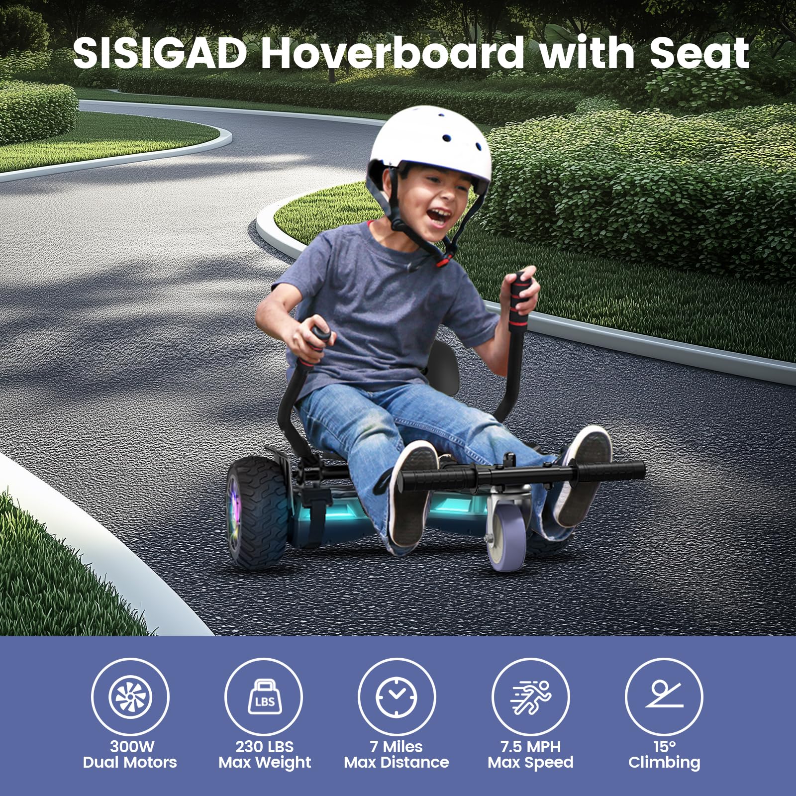 Hoverboard mit Sitzbefestigung, 8.5Zoll Self Balancing Scooters Go Kart mit Bluetooth und LED Lichtern, Gun+Black