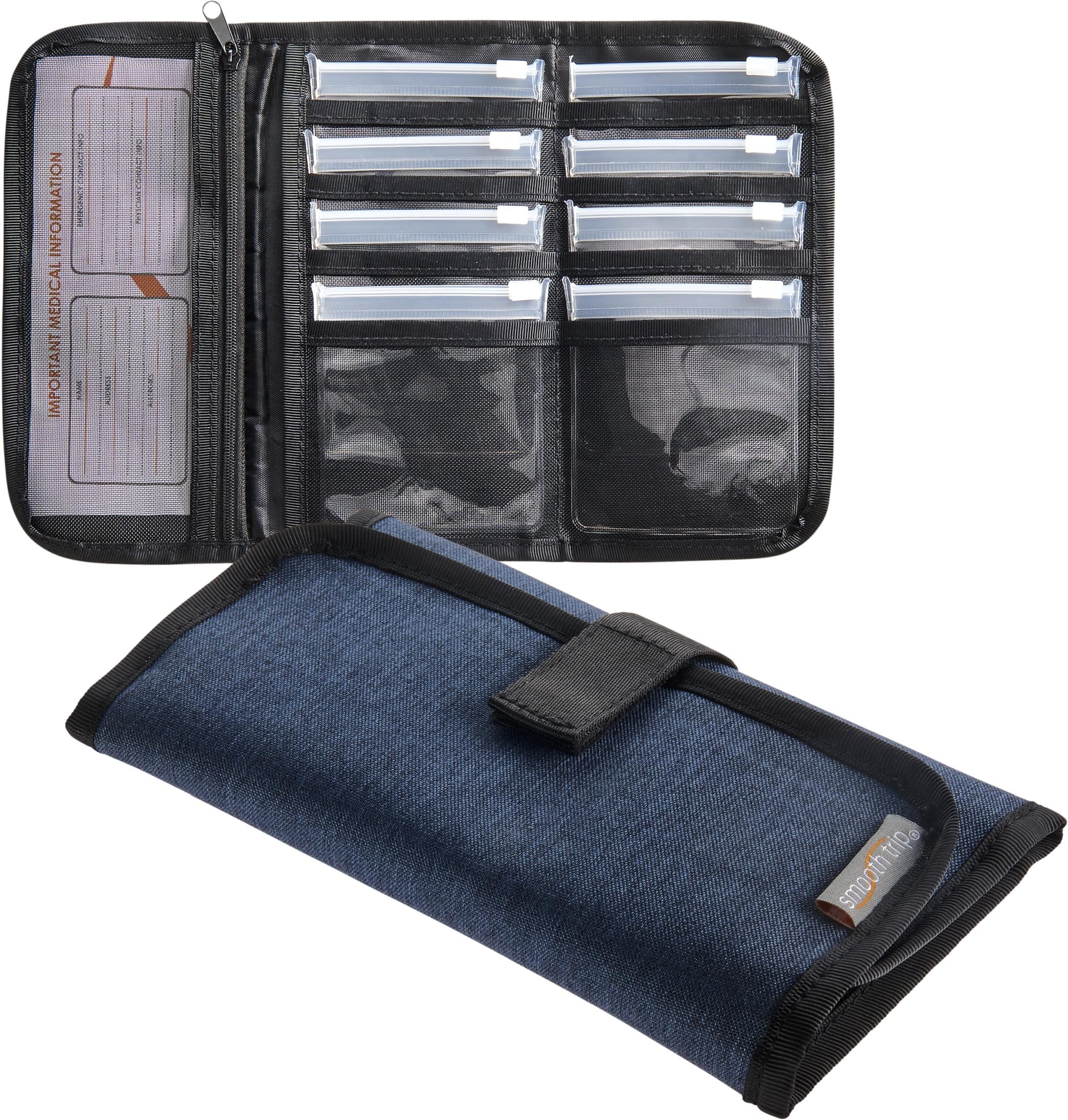 Smooth Trip Folding Pill Organizer - Slim Medicine Wallet and Foldable Pill Pouch Organizer with 8 Food Grade Zip-Close Pill Pouches for Home and Travel Medication Storage