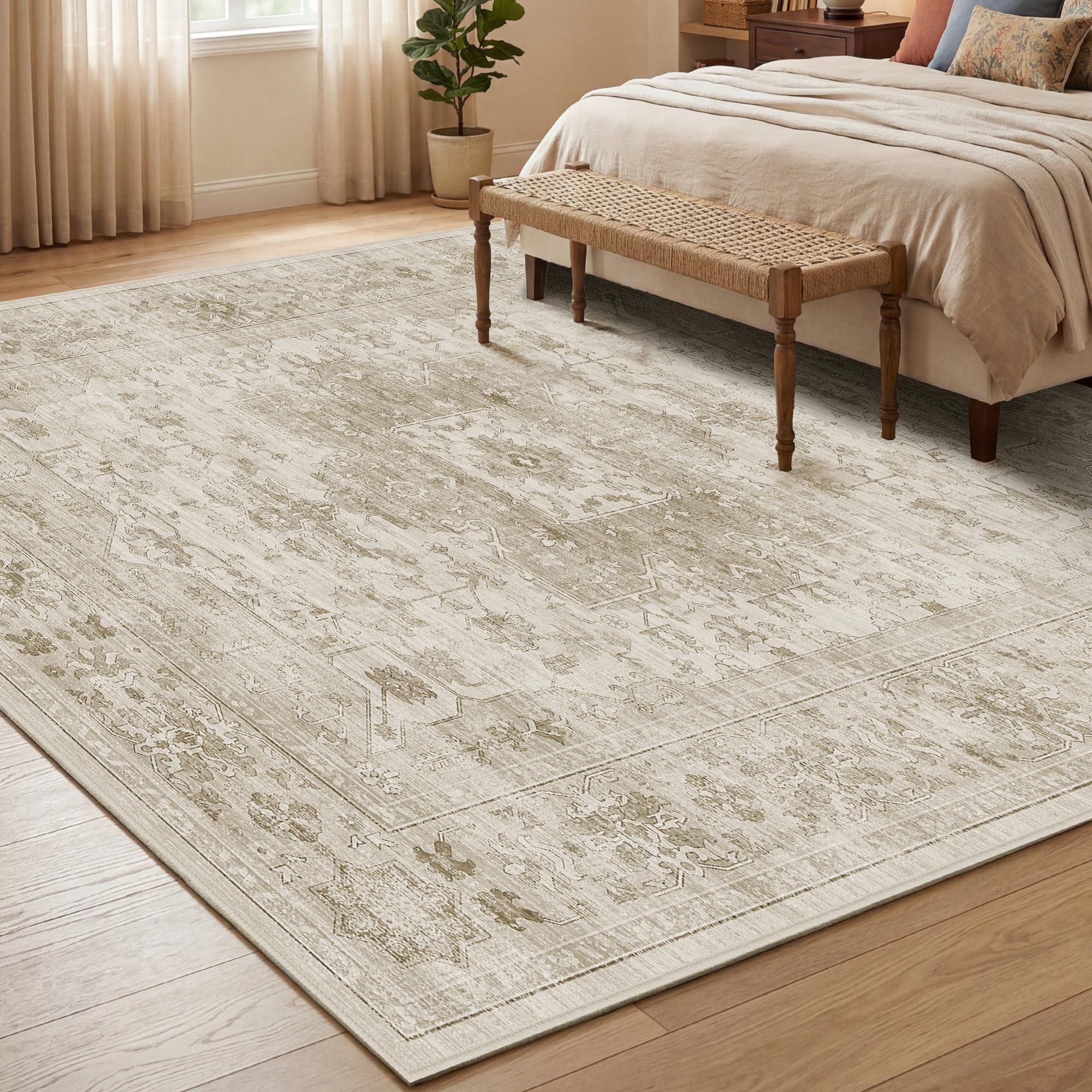 Autsel Vintage Teppich Wohnzimmer 200x300cm, Creme Teppich Schlafzimmer | Waschbarer Boho Teppich, Rutschfest Läufer Teppiche, Pflegeleicht Teppich Gegend für küche, Büro, Esszimmer, Flur