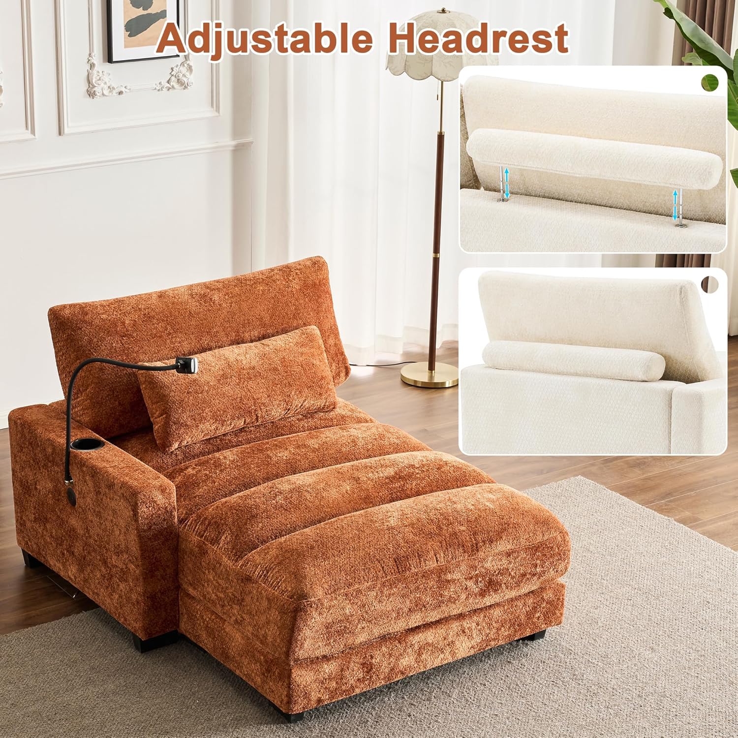 Tmsan Oversized Chaise Lounge Chair Indoor with Adjustable Backrest, Chenille Sleeper Sofa Bed, Modern Cloud Couch Chair with USB Ports/Cup Holders/Phone Stand for Living Room Apartment Office