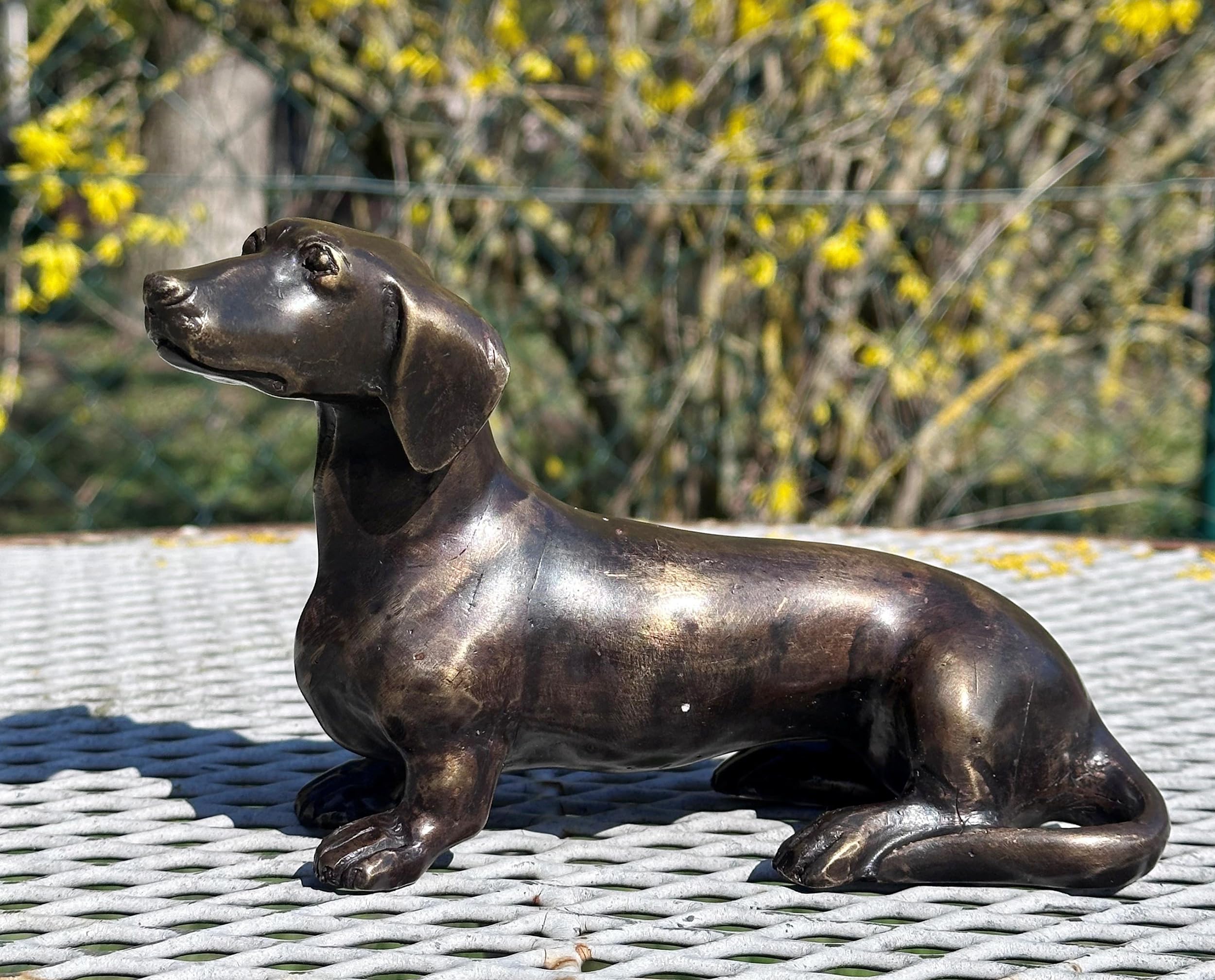 STEINFIGURENWELT GIEBEN Bronzefigur Dackel 12x20cm Dekoration aus Bronze Skulptur Tier Figur Deko Geschenk Bronzestatue Kurzhaardackel Wetterfest