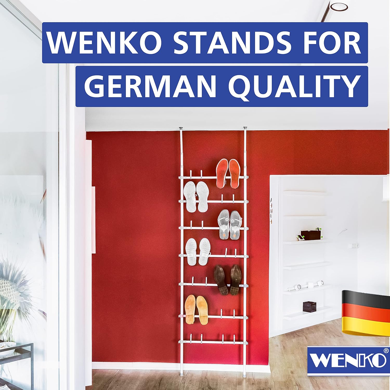 WENKO Telescopic Atlas free standing Shoe Rack, Shoe organizer, Shoe Storage, Shoe Shelf, Shoe Stand (W x H x D): 26.97 x 39.37-118.11 x 3.35 in, White