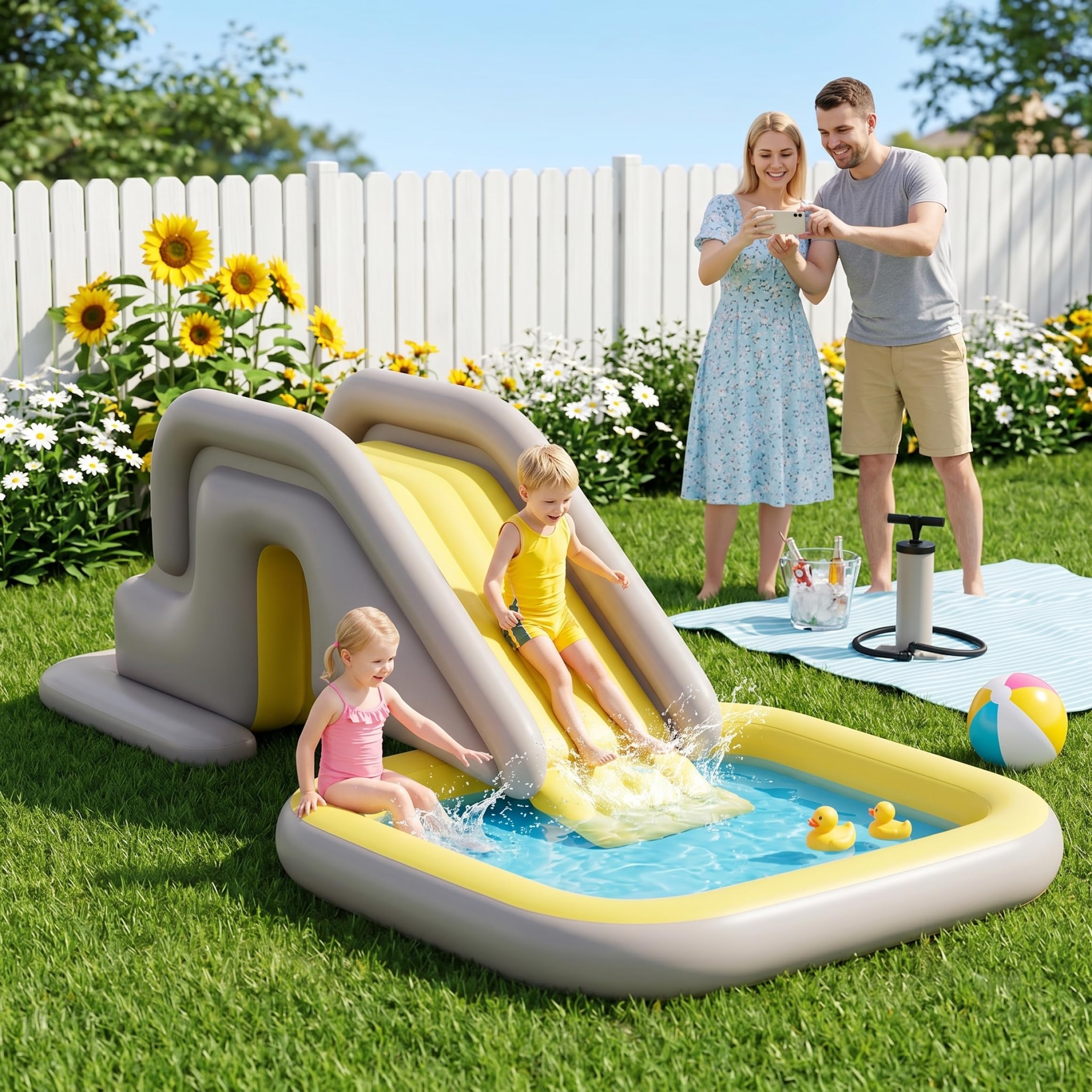 Aufblasbare Poolrutsche, Schwimmbadrutsche mit breiter, mit Wasser befüllbarer Basis – einfache Einrichtung und Lagerung, PVC für den Innen- und Außenbereich für Kinder Erwachsene (Khaki, mit Fuß