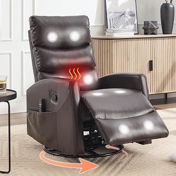 Luxlen Manual Swivel Rocker Recliner Chair with Massage, Overstuffed Recliner Glider with Vibration Massage and Heat for Nursery, Living Room Reclining Sofa Chair, PU Leather Dark Brown