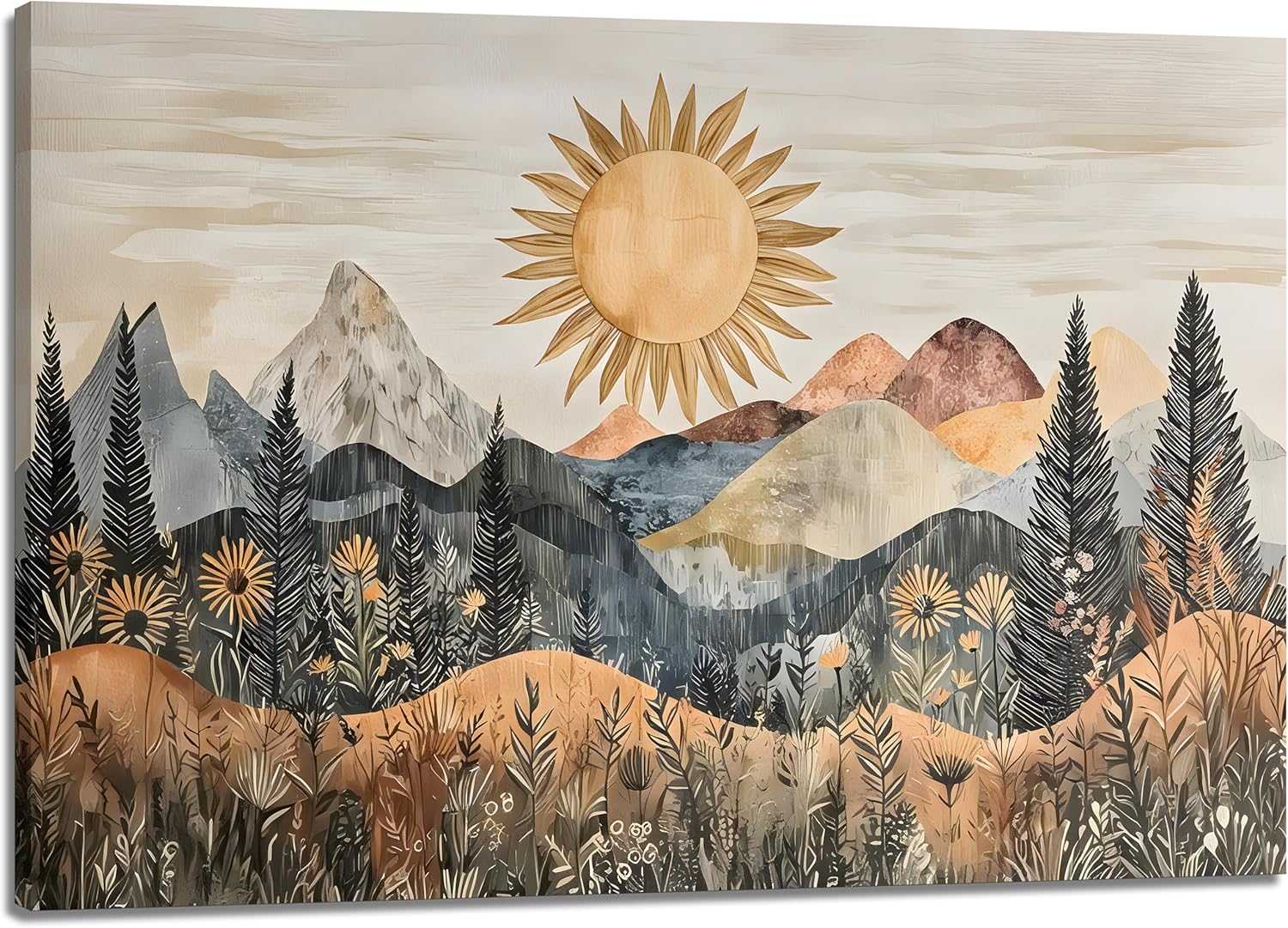 1Pc Framed Bohemian Sun Landscape Wall Art, Colorful Mountains Canvas Prints, Vintage Wildflowers Poster Picture Decor, Suitable for Living Room Bathroom Bedroom 16x24 Inch