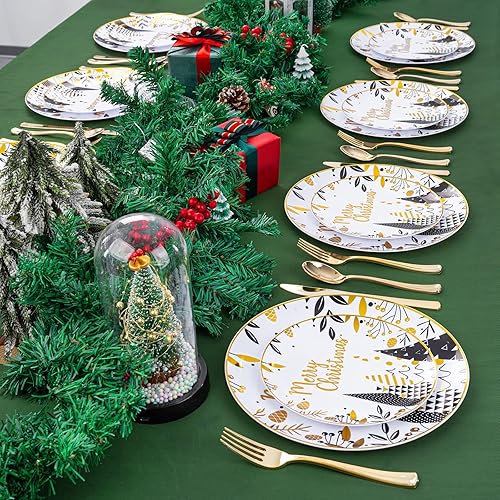 Miniatura 7 de WDF 50 platos de plástico desechables de Navidad, platos azules con copo de nieve blanco incluyen 25 platos llanos, 25 platos de ensalada, platos de