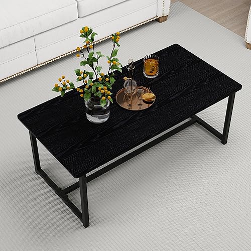 35.4" Rectangular Coffee Table for Living Room, Modern Industrial Style Coffee Table Center Table with Metal Frame for Small Space, Apartment, Office, Easy Assembly, Black