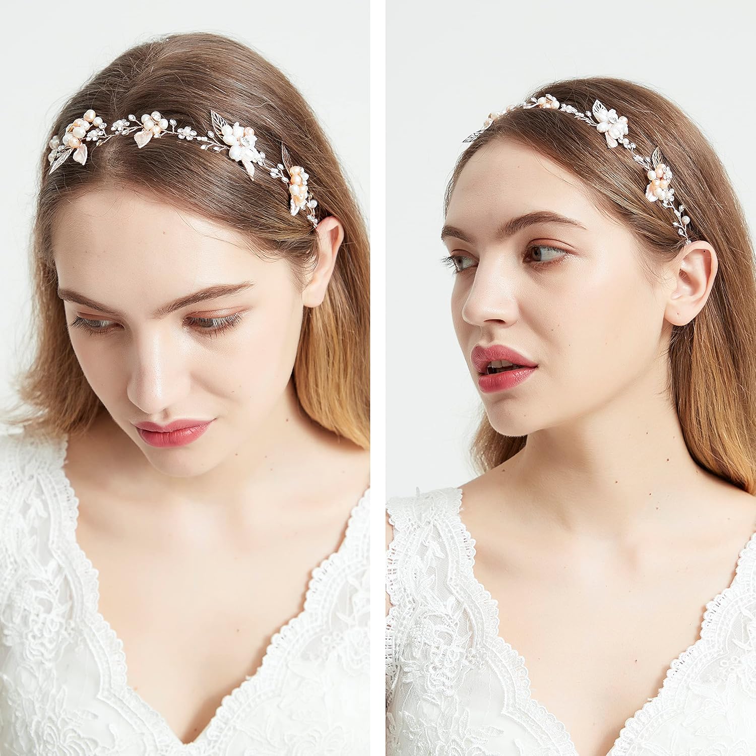 Oriamour Bridal Crystal Headband with Freshwater Pearls Flower Design Wedding Hair Accessories (Rose Gold) - Image 5