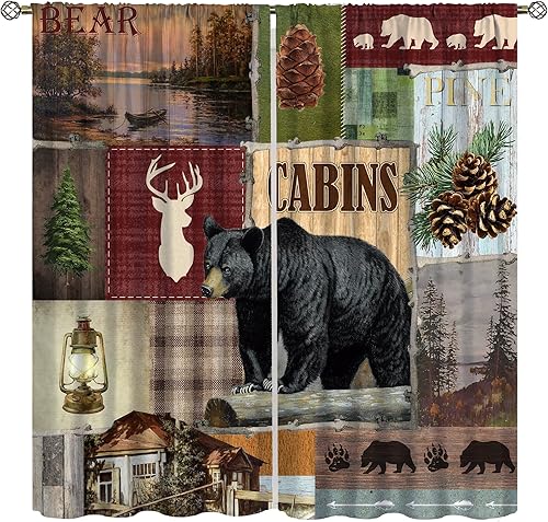 Vintage Bear Curtains Countryside Mountains Farmhouse Forest Hunting Lodge Lake 