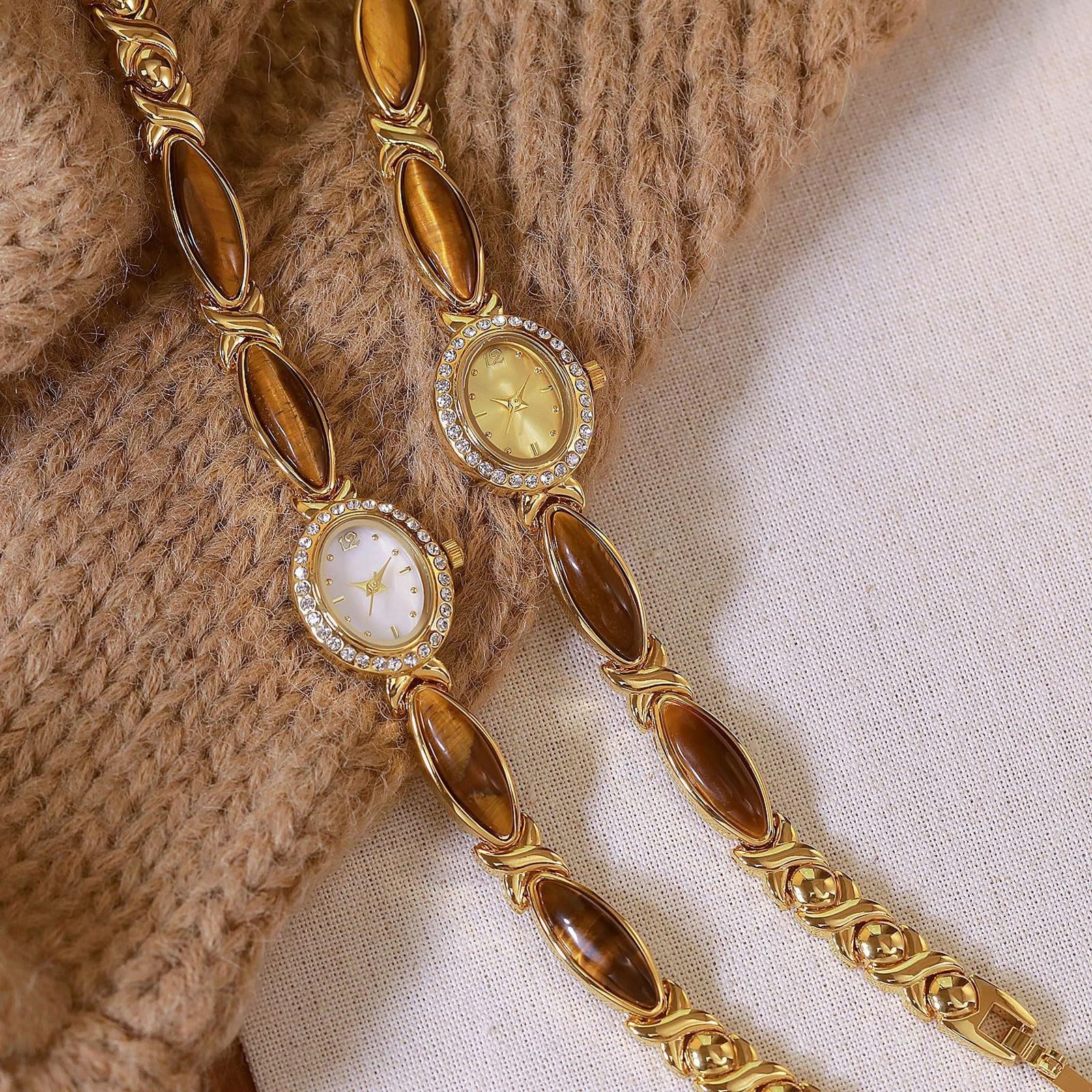 Reloj de Cuarzo con Esfera Ovalada y Piedra de Ojo de Tigre Natural, Paquete de 2, Reloj de Pulsera Resistente al Agua, Regalo de Moda for Novia y Esposa. Reloj de Pulsera