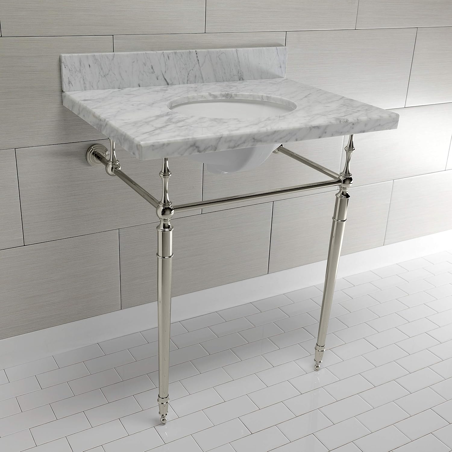 Kingston Brass KVPB3022M86 Edwardian 30" Console Sink with Brass Legs (8-Inch, 3 Hole), Marble White/Polished Nickel