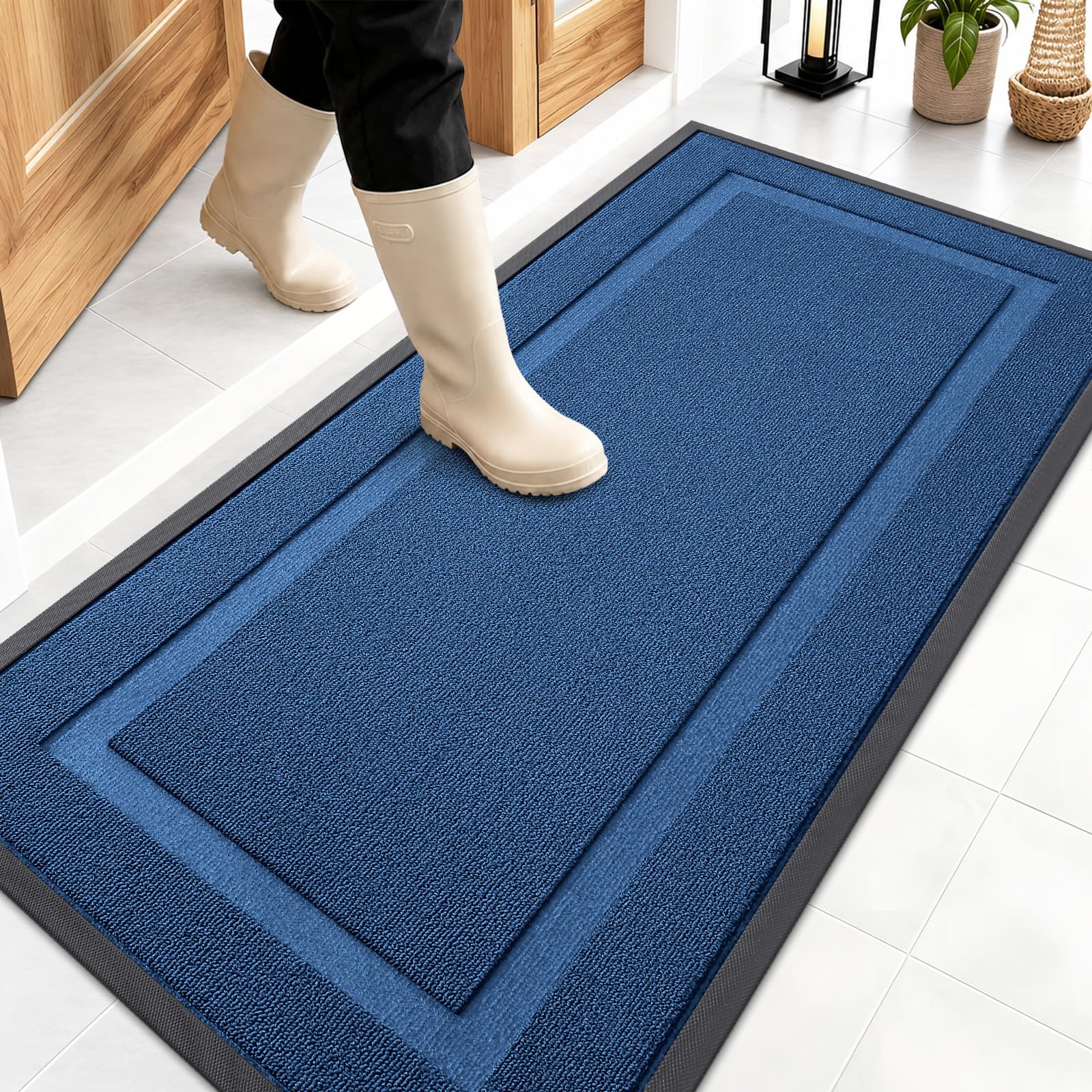 OLANLY Front Door Mat Outside 47x23, All-Season Heavy-Duty Rubber Doormat | Navy Blue, Absorbent, Stain Fade Resistant, Waterproof Non-Slip Backing, Low-Profile Indoor Outdoor Floor Mat for Entryway