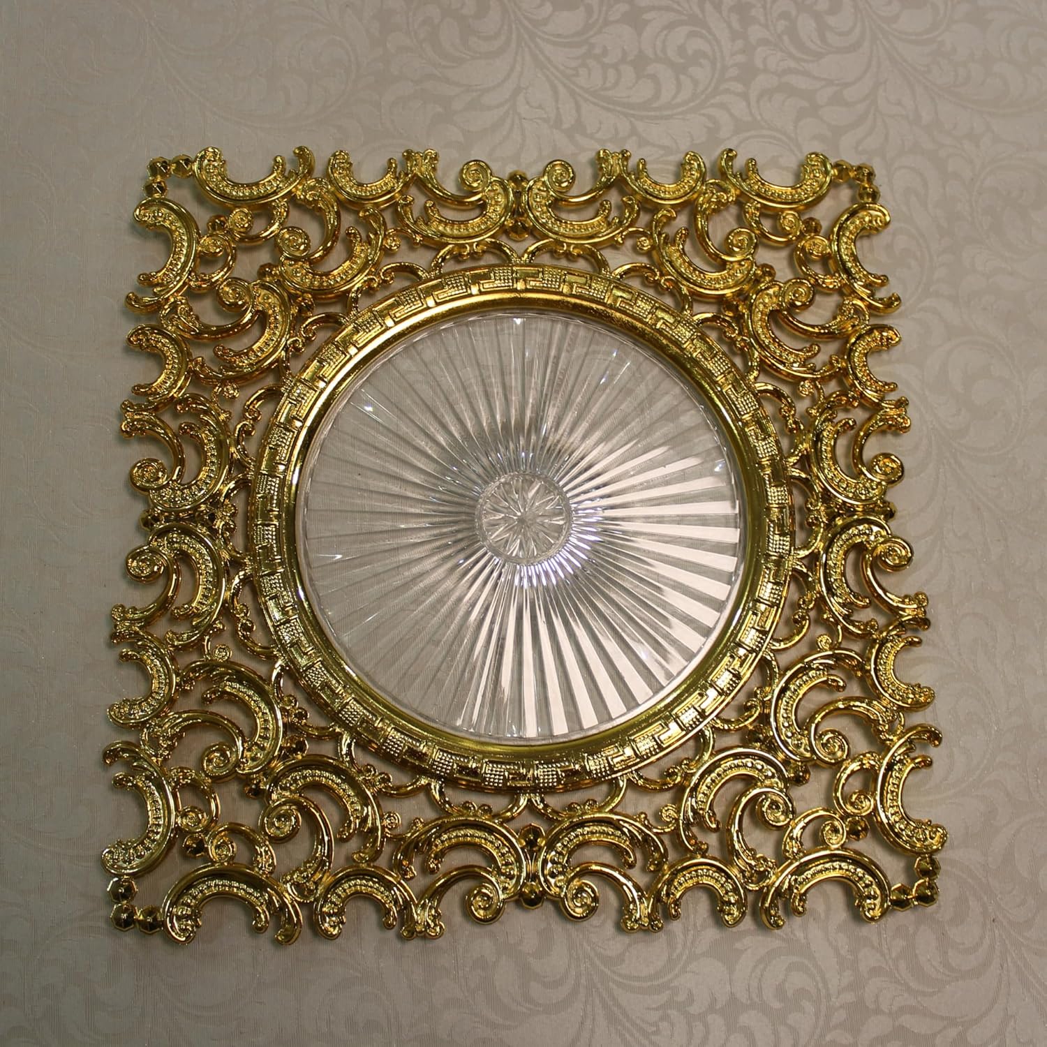 12 Pieces caesar Gold Charger Plates campaign 12"x12" Acrylic unbreakable lifetime wedding decoration charger plates for luxe wedding halls and event planners.