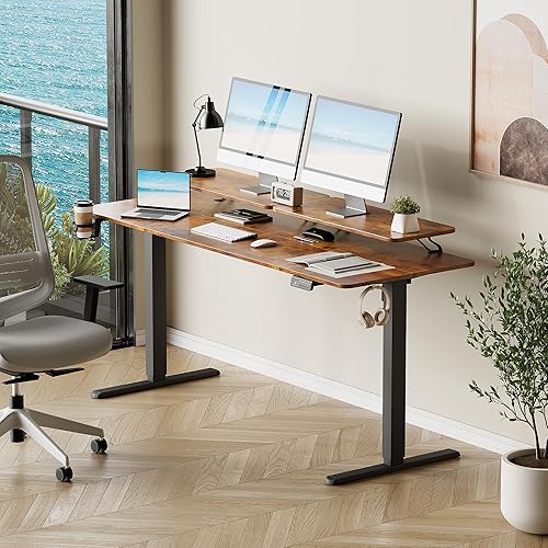 Miniatura 7 de Furmax Escritorio eléctrico de pie con monitor y estación de trabajo para laptop, escritorio de pie ajustable de 63 x 24 pulgadas, estación de