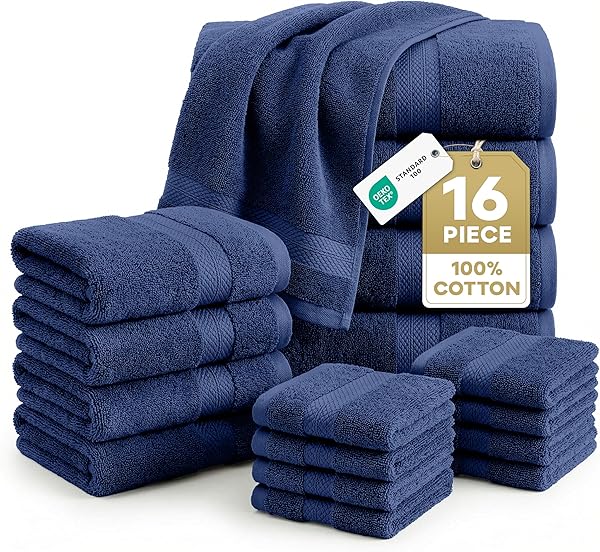 LANE LINEN 100% Cotton Luxury Towel Set for Bathroom - 16 Pieces, Ring Spun - Plush, Soft & Highly Absorbent - 4 Shower Towels, 8 Washcloths, 4 Hand Towels - Complete Bathroom Towel Set - Navy Blue