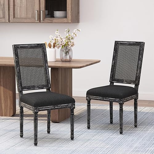 Miniatura 4 de Dining Chairs Set of 2, French Country Style Table & Chair Sets with Rubberwood Frame, Upholstered Seats and Cane Backrest for Dining Room, Kitchen,