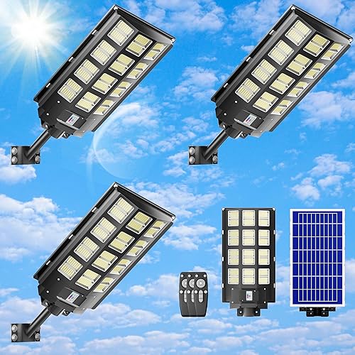 Miniatura 8 de Paquete de 3 luces solares para estacionamiento, luz solar de 4800 W, 360000 lúmenes, luces de calle del atardecer al amanecer, funciona con energía