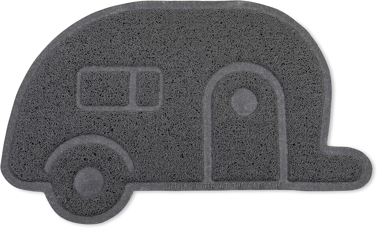 Camco Life is Better at The Campsite Scrub Rug | Ideal for Dirt Removal | Features a Gray, Retro Travel Trailer Shaped Design | Measures 23-15/16-inches (W) x 15-5/16-inches (H) (53117)