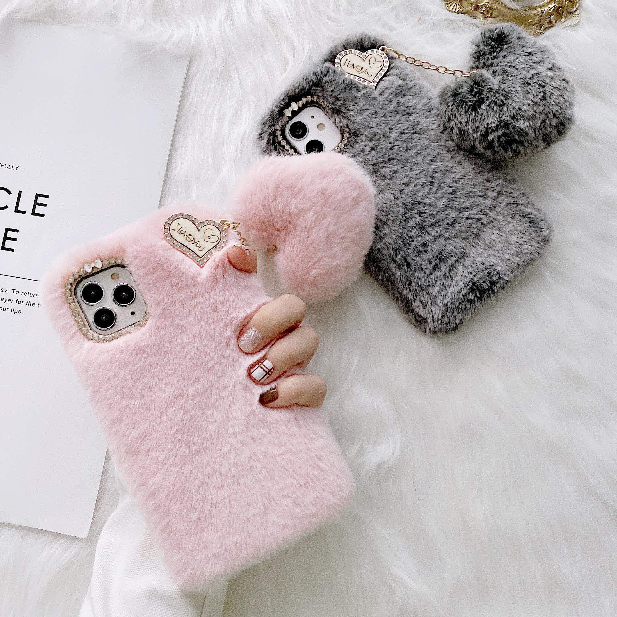 Custodia Peluche In Finta Pelliccia Per IPhone 11 Pro Max – Morbida TPU Con Pom Pom E Cristalli, Colore Grigio Scuro