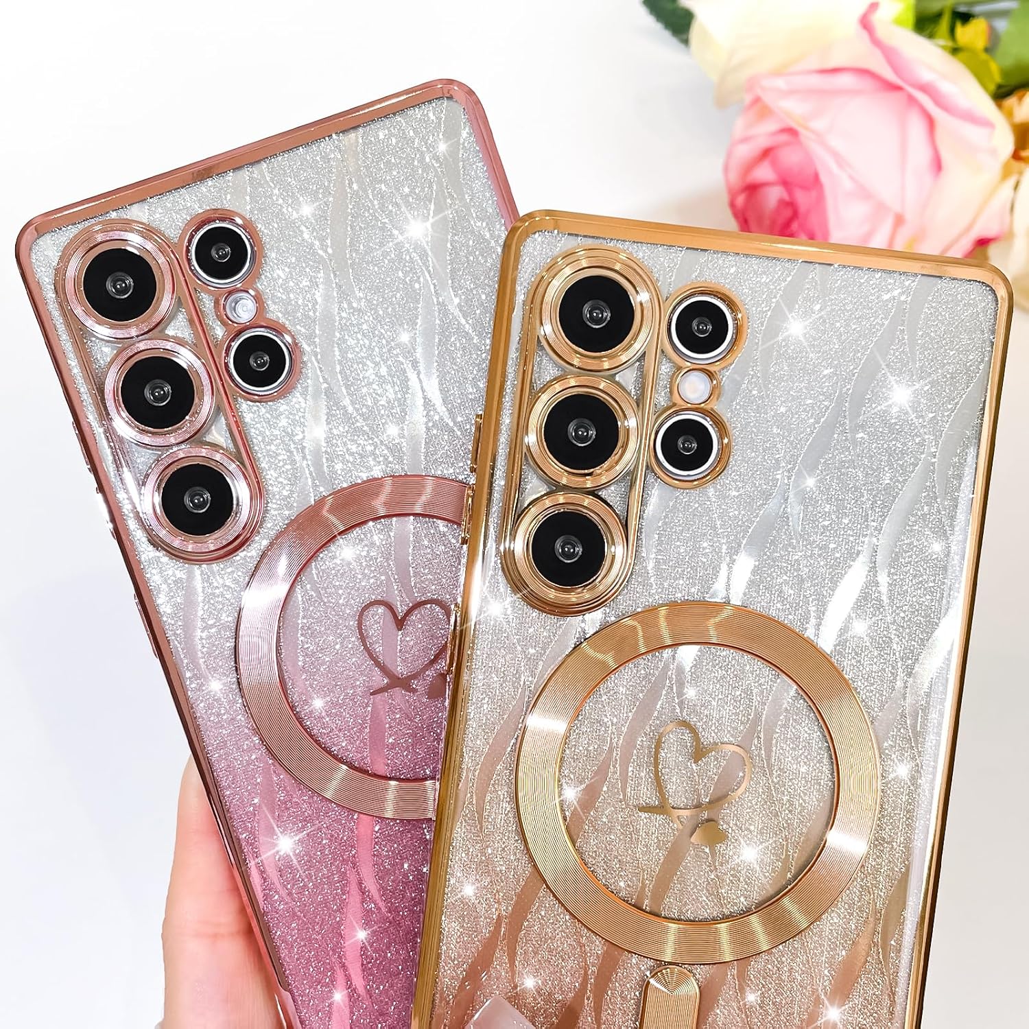 Bonoma Glitter Case for Samsung Galaxy S25 Ultra [ Compatible with MagSafe ], Plating Heart Magnetic Leaves Pattern Bling Case,Camera Protection Sparkly Slim Soft Back Cover for Women Girls,Pink - Image 3