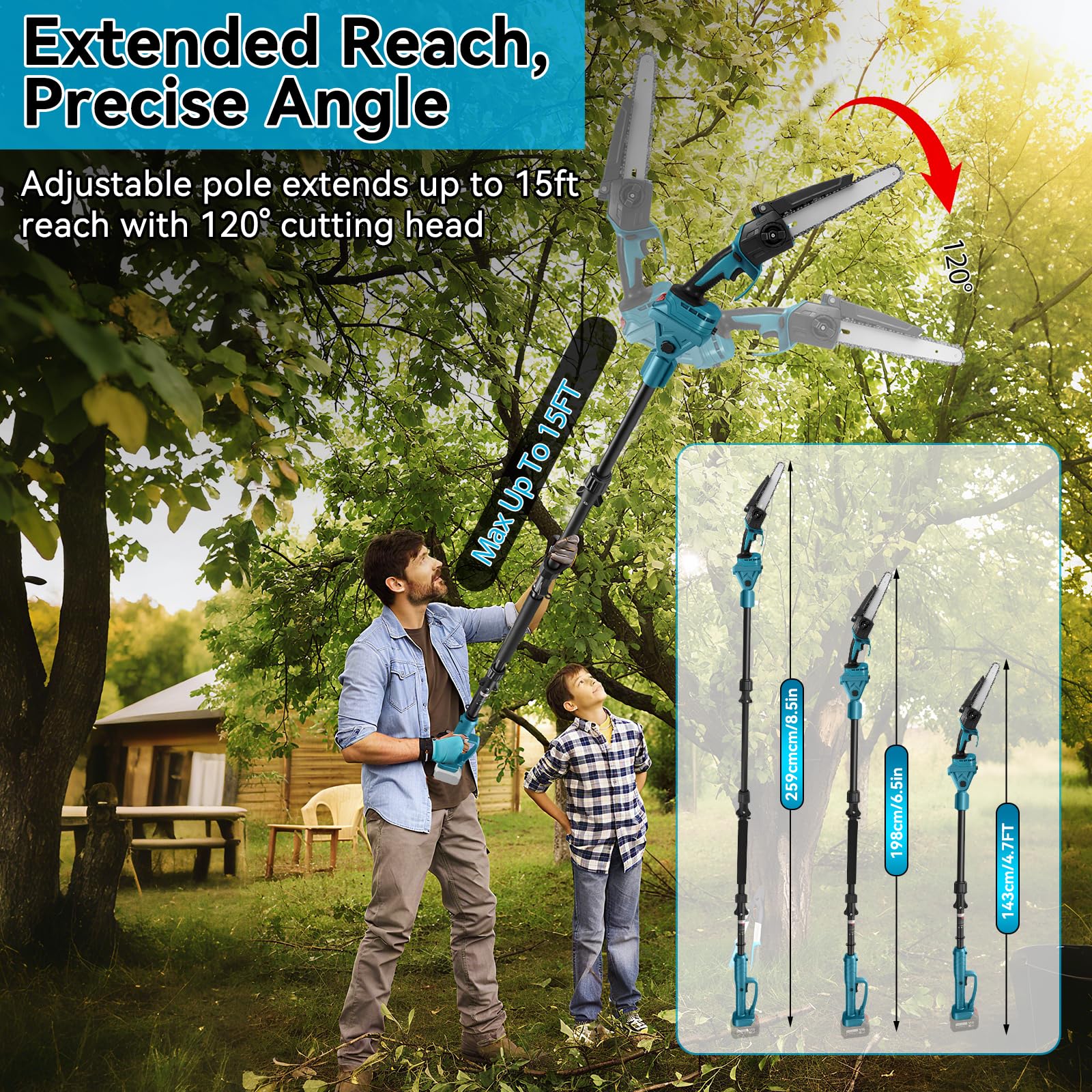2 en 1 Mini Motosierra de 8 Pulgadas con Mástil Telescópico Compatible con Batería Makita, Motosierra con Alcance Máximo de 15 Pies para Poda de Ramas de Árboles, Corte de Madera (sin Batería)