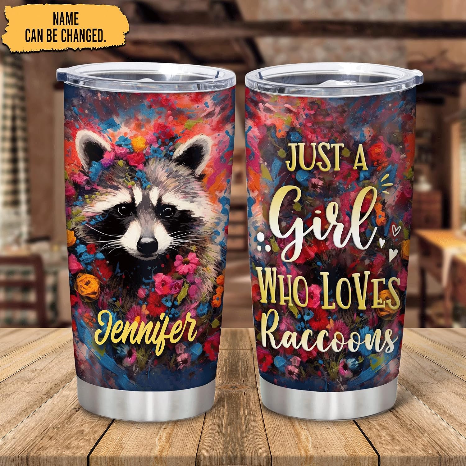 Hyturtle Personalized Raccoon Tumbler - Birthday Gifts for Women, Floral Lover Gifts - Just A Girl Who Loves Raccoons Custom 20oz Stainless Steel Tumbler