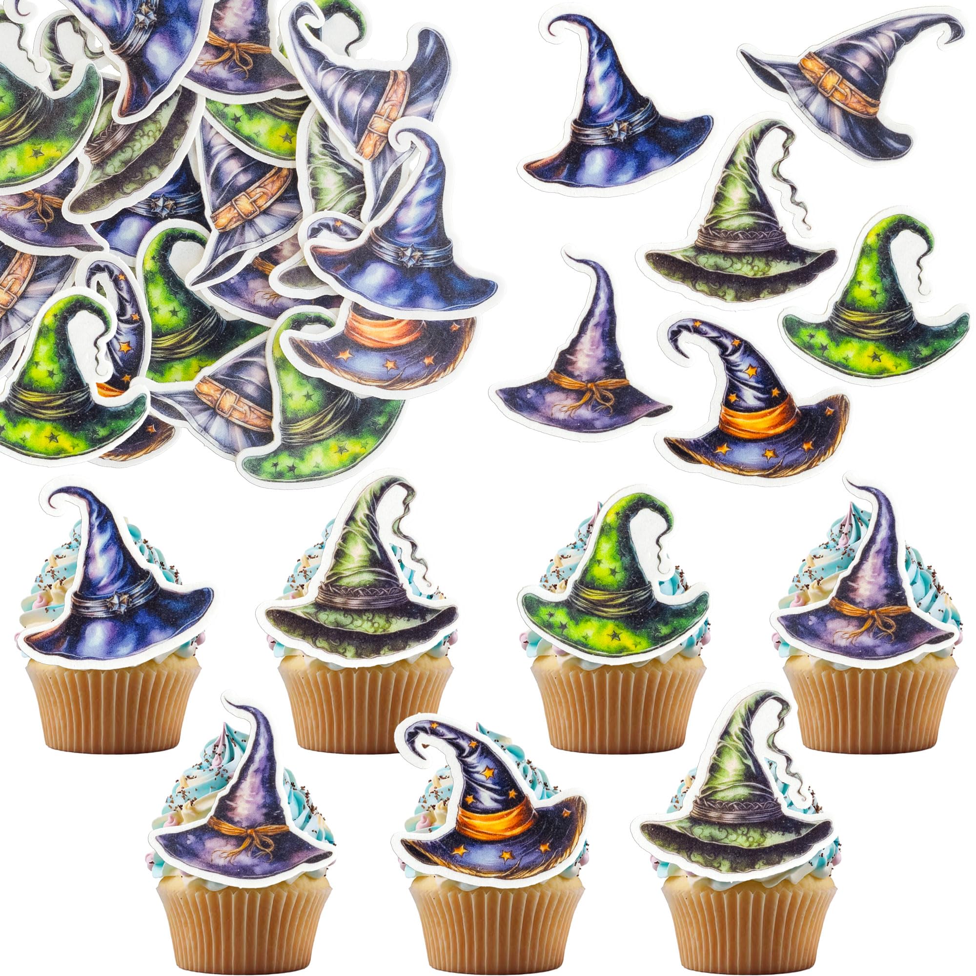 Gyufise 56Pcs Edible Witch Hat Cupcake Toppers Wafer Paper Halloween Hat Cake Decorations Witch Magic Cupcake Toppers for Halloween Eve Theme Party Birthday Supplies Green Black