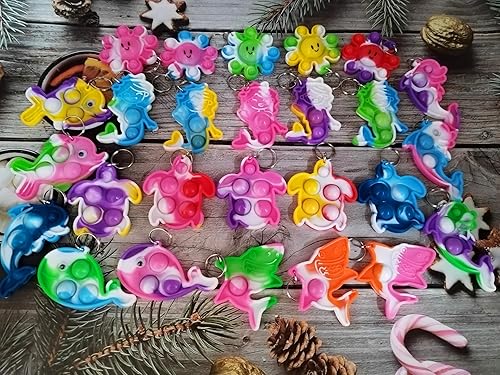Miniatura 3 de Paquete de 26 llaveros de pulpo, peces de pulpo, delfines, tortugas, tiburones, ballenas, mini llavero Pop para fiestas de cumpleaños, suministros