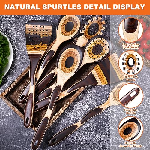 Miniatura 2 de Juego de 7 utensilios de cocina de madera de Pakkawood para cocinar, cucharas de madera para cocinar, seguro, ecológico, antiadherente, utensilios
