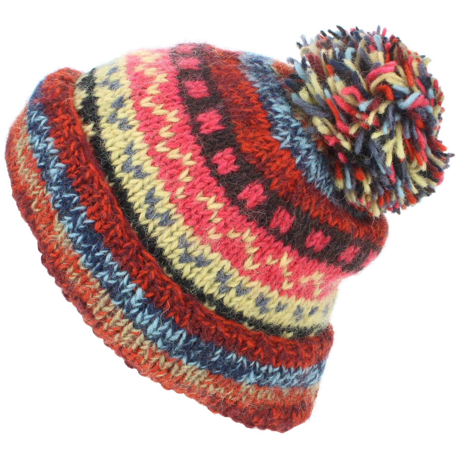 Loudelephant Unisex 17 Red Chunky Wool Knit Abstract Pattern Beanie Bobble Hat - Red