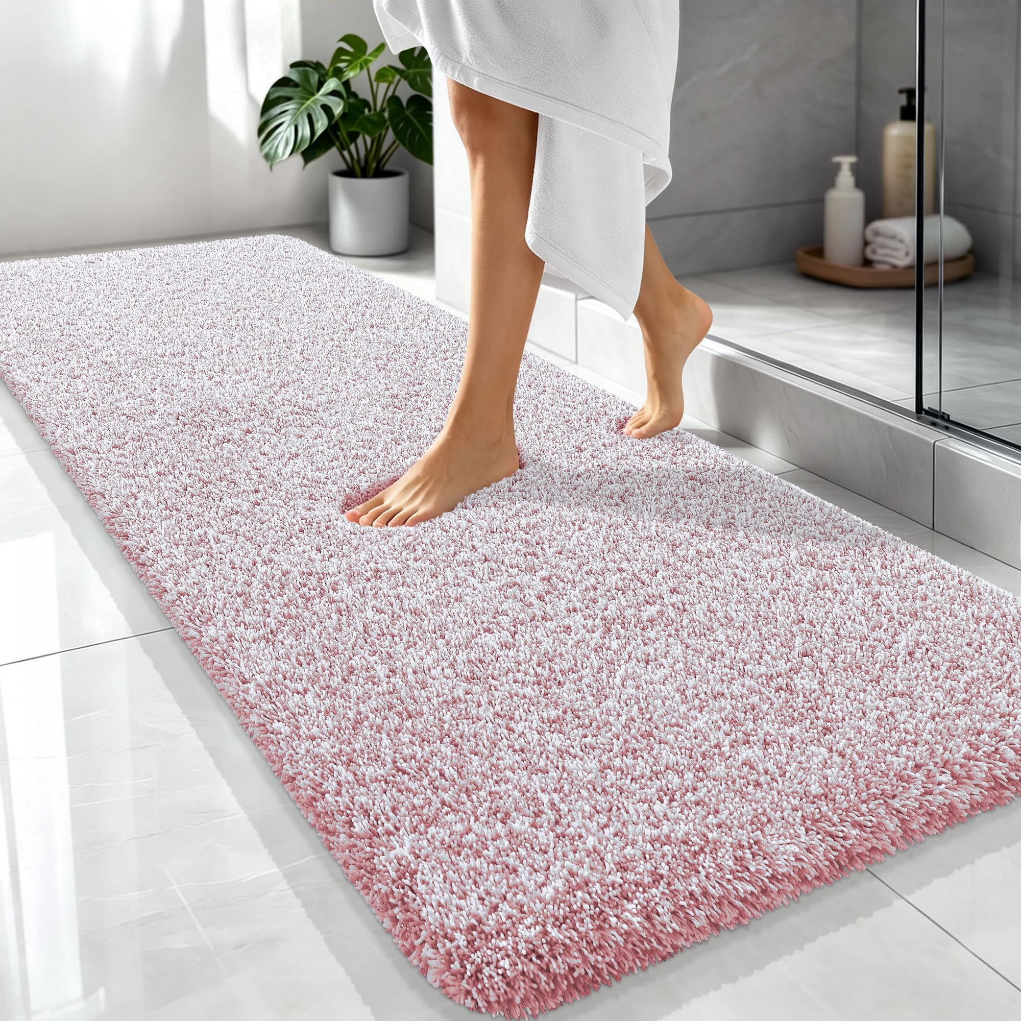 OLANLY Microfiber Bathroom Rugs 70x24, Quick Dry Mat, Deep Rose and White