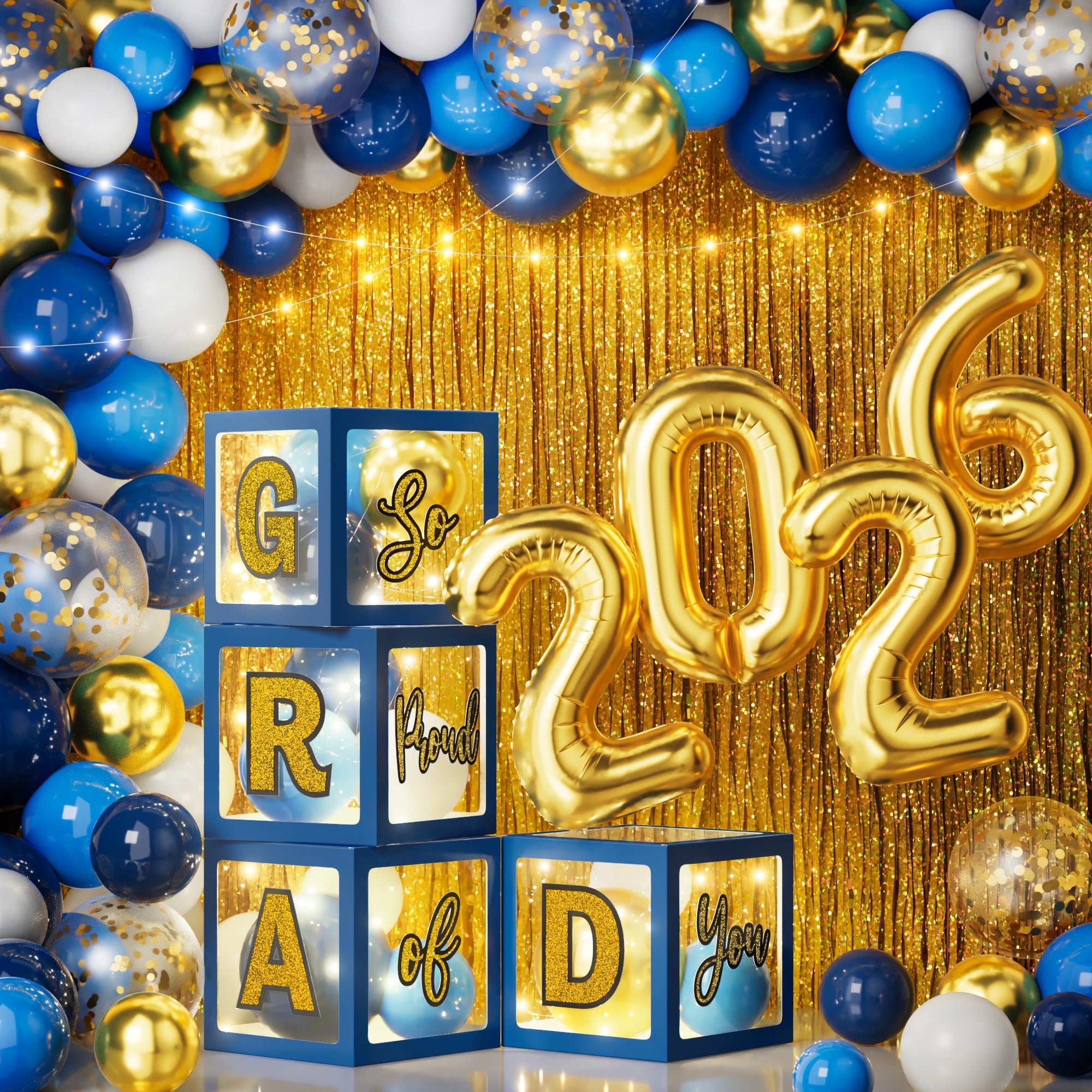 Photo 1 of Ecomore 2026 Graduation Decorations - 86 PCS Graduation Party Decor Supplies Set Includes LED Light Strings Balloon Block Boxes with Letters Foil Curtains Backdrop 2026 Balloon Garland Kit - Blue Gold