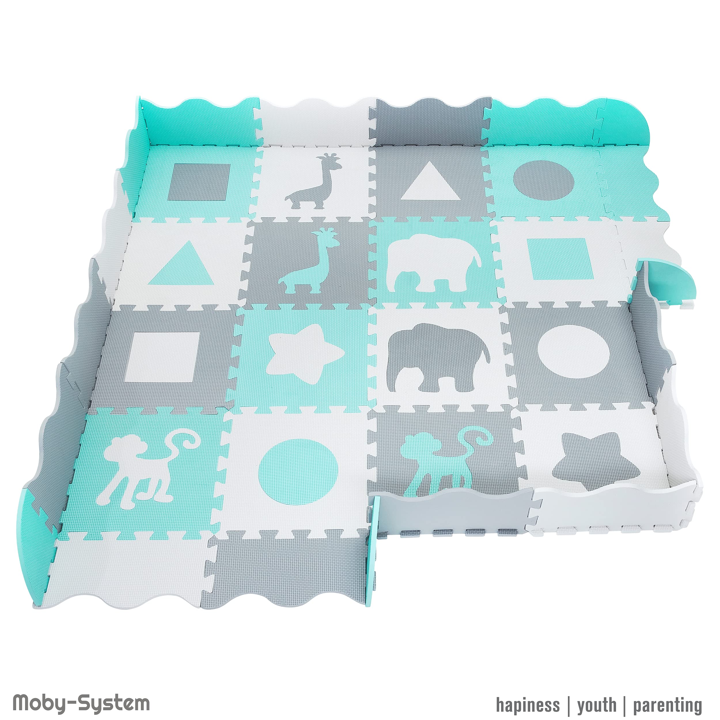 Moby-System Tapete Puzzle para Bebés 150x150cm - Alfombra Puzzle Antideslizante para Gatear y Jugar - Alfombra Bebe Impermeable con Diseños Educativos - Plegable y Lavable