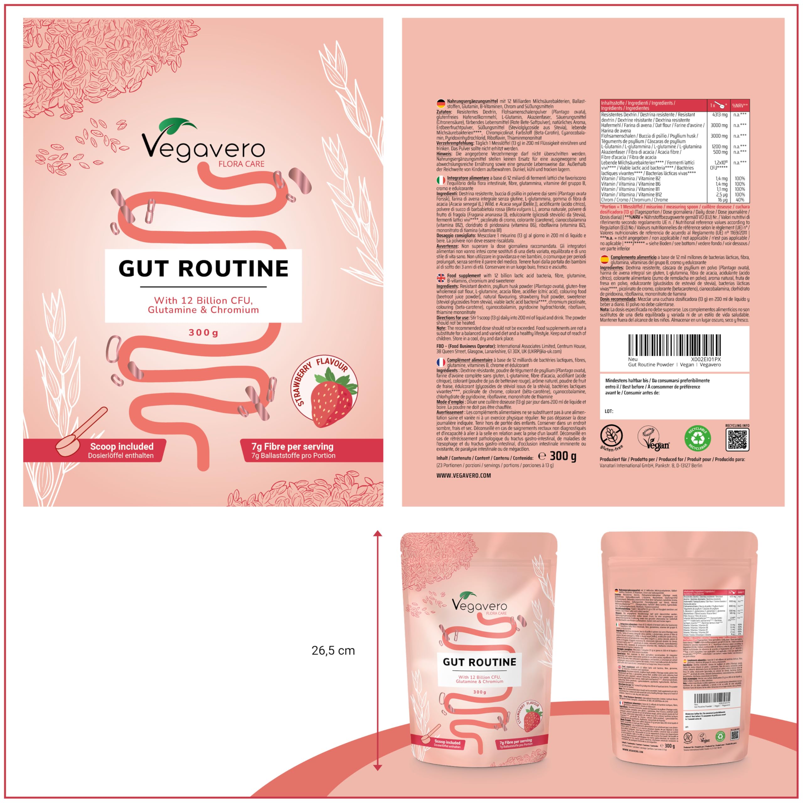 Gut Routine | Formule Tout en Un : 7g de Fibres, Probiotiques, L-Glutamine | Digestion & Microbiote Intestinal | Vegan & Sans Gluten | Goût Fraise | Vegavero®