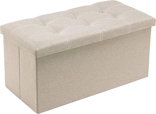 Folding Storage Ottoman Bench, Footrest Couch for Living Room, 30 inch Storage Bench with Padded Seat for Bedroom Hallway, Holds up to 350lbs, Linen Fabric Beige