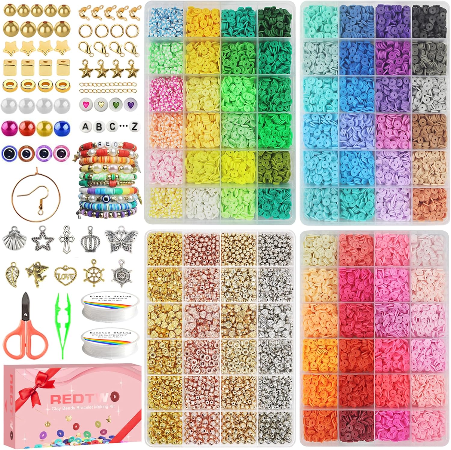 Redtwo 15000 Clay Beads Kit with 2300 Gold Spacer Beads Set for Jewelry Making