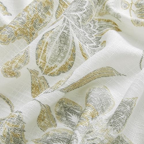 Miniatura 6 de Panel de cortina con estampado botánico floral con hojas amarillas y grises para casa de campo rústica, textura de lino con ojales en la parte