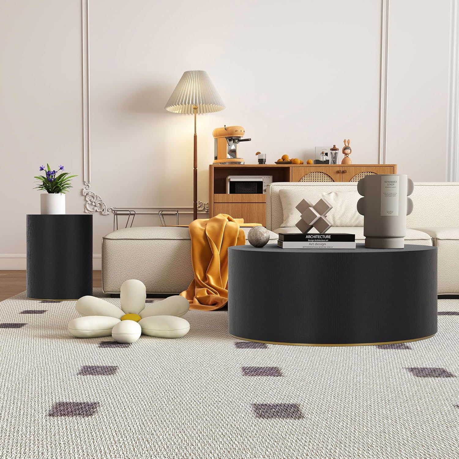 JUSTONE Round Coffee Table,Black End Table with Gold Rim Bottom, Round Side Table for Living Room, Studio Apartment Essentials,ø15.6" * 19.5"H