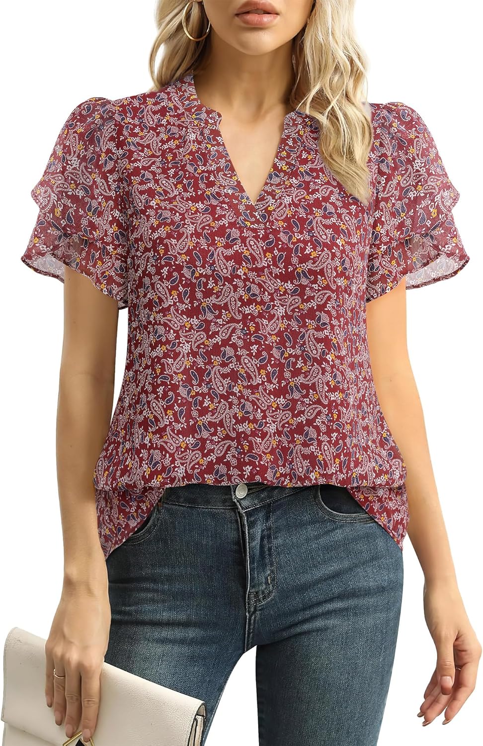 Lotusmile Womens Dressy Chiffon Blouses Summer Puff Petal Short Sleeve Shirts V Neck Casual Work Tops