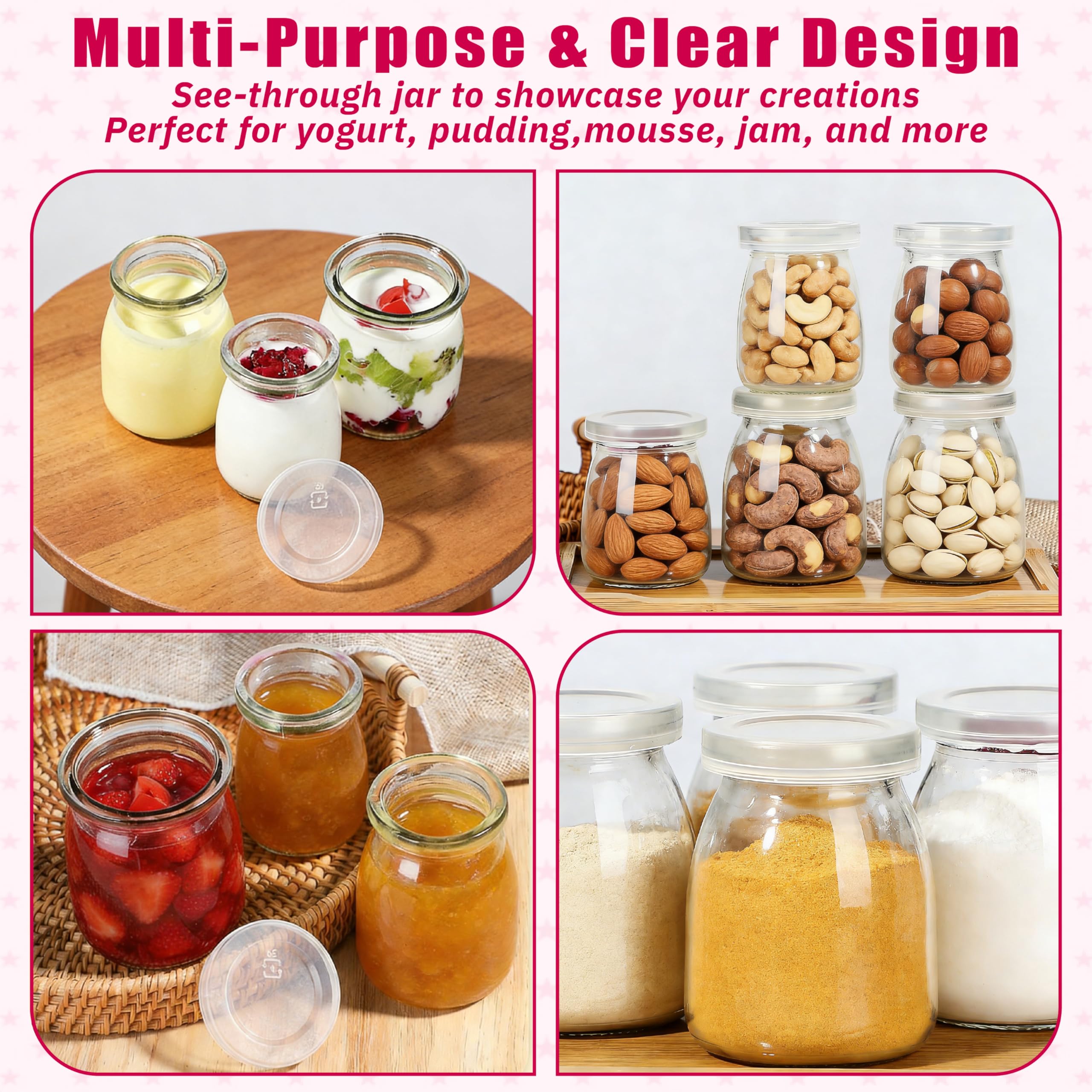 Juego de 12 tarros de yogur transparentes de 200 ml con tapas – Vasos reutilizables para mermelada, miel, velas – Aptos para lavavajillas, microondas y congelador, sin BPA